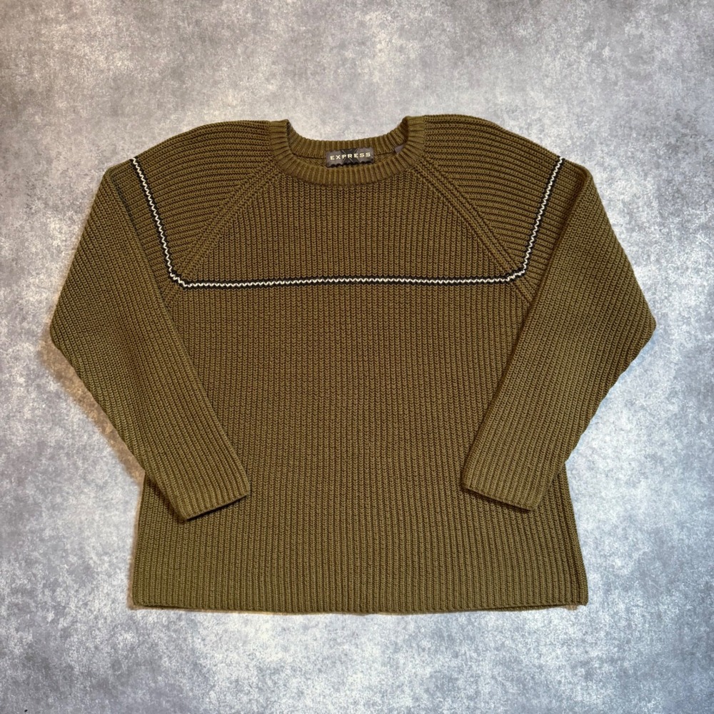Express Mens Olive Green Ribbed Knit Crewneck Sweater Medium Raglan Stripe‎